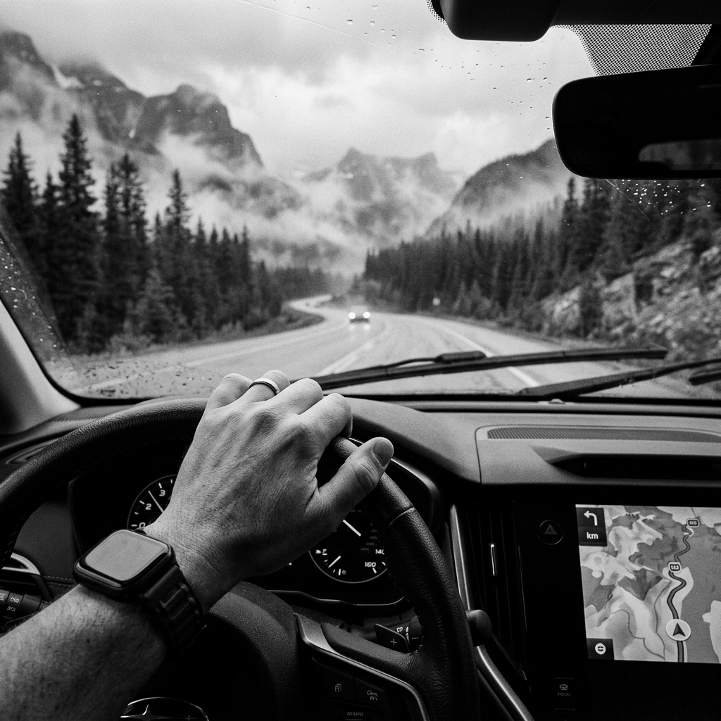 Driver's hand on steering wheel