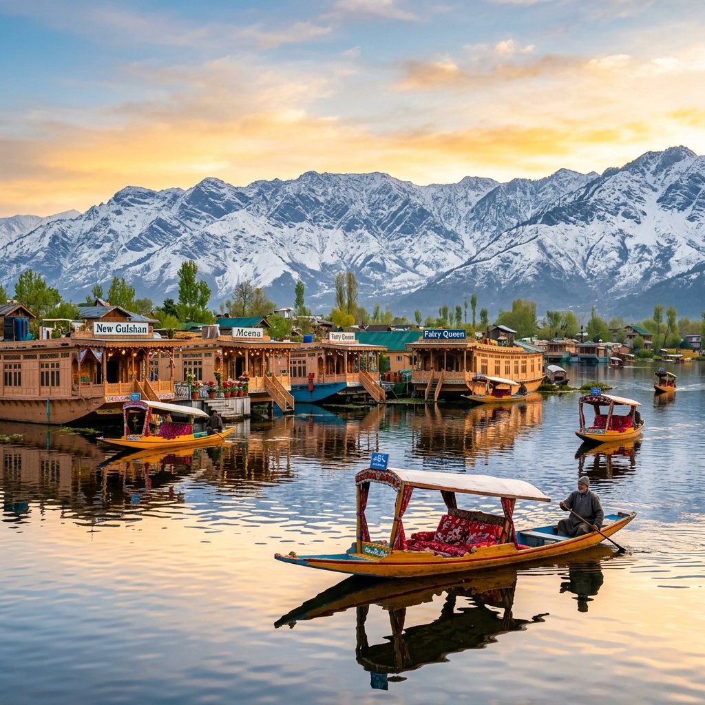 Kashmir - Dal Lake with shikara boats and Himalayan mountains